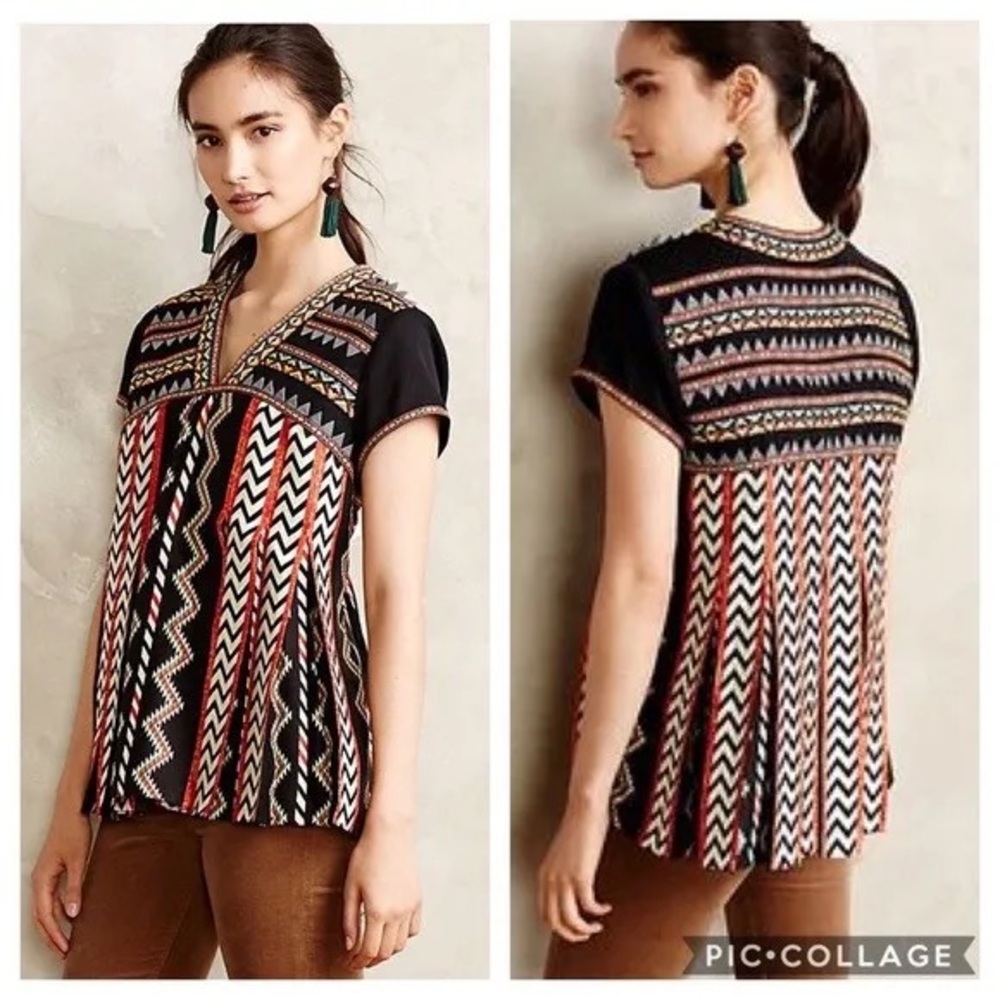 Anthropologie Ranna Gill Chevron Embroidered Blouse